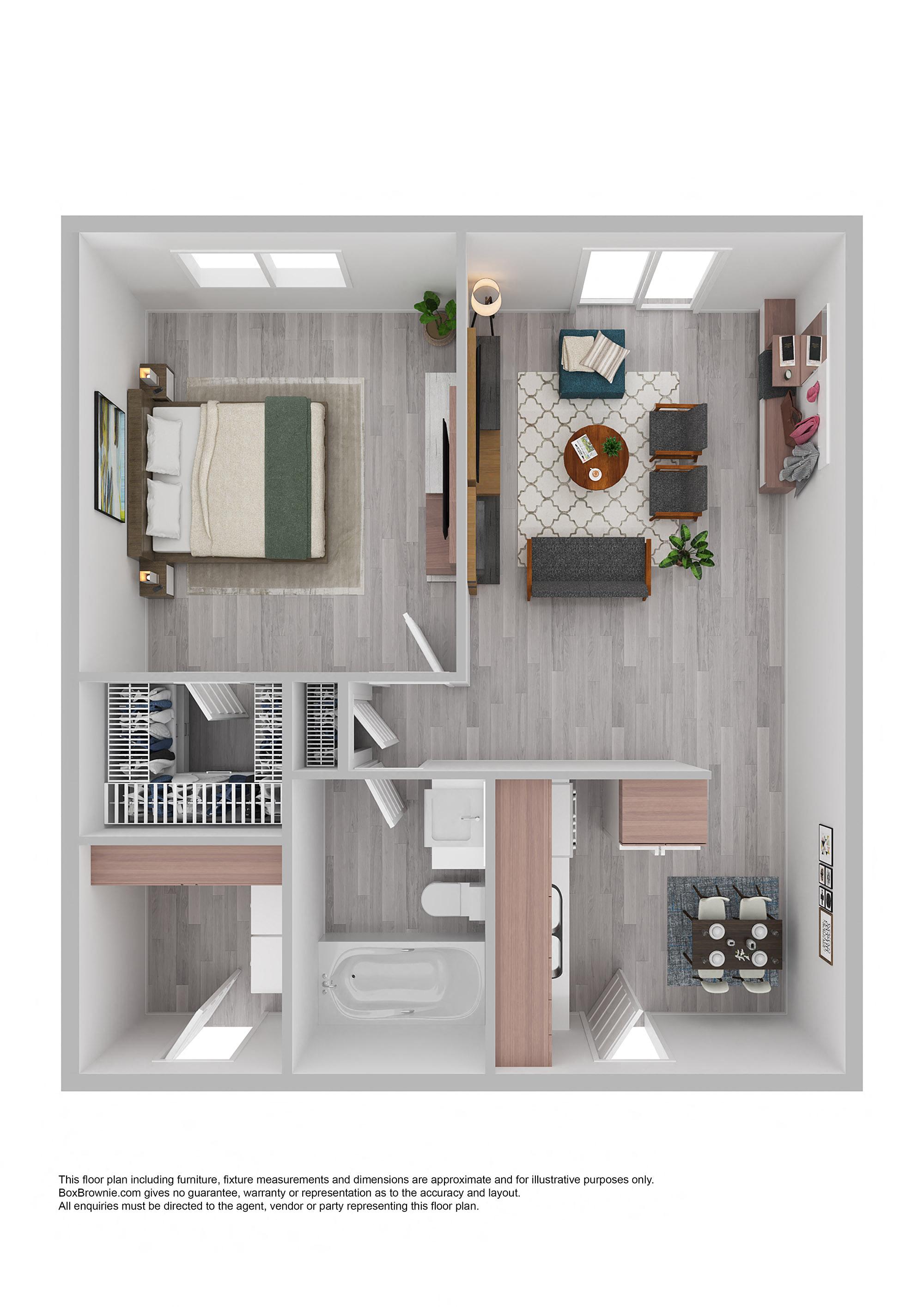 Floor plan for 1 bed, 1 bath, 594 sqft
